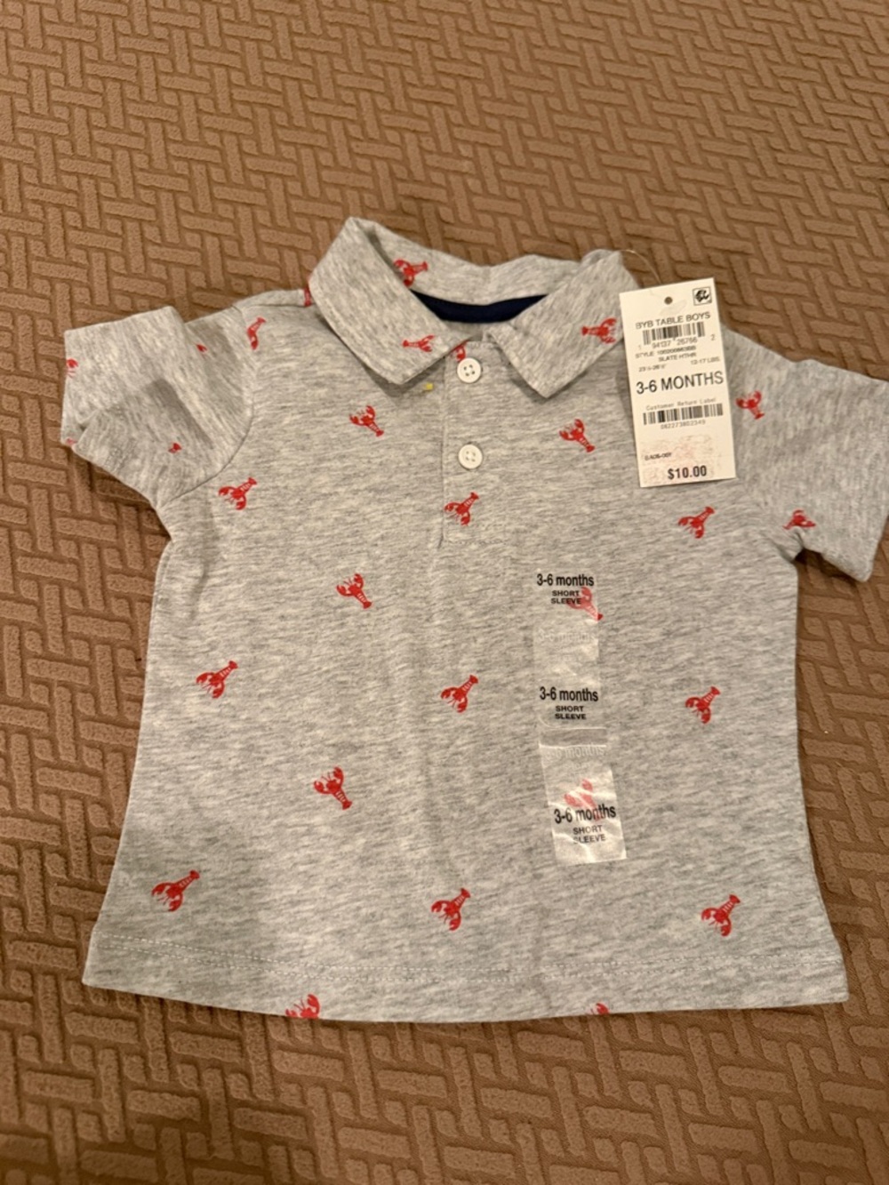 Toddler Grey Polo Shirt with Red Lobster Print - 3-6 Months